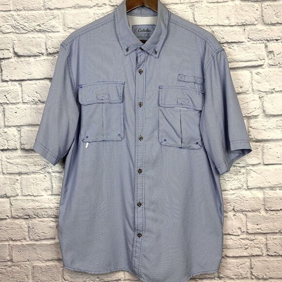 Cabelas Mens Fishing Shirt 4 Most UPF 30 Vented Blue White Houndstooth Large L - Picture 1 of 4